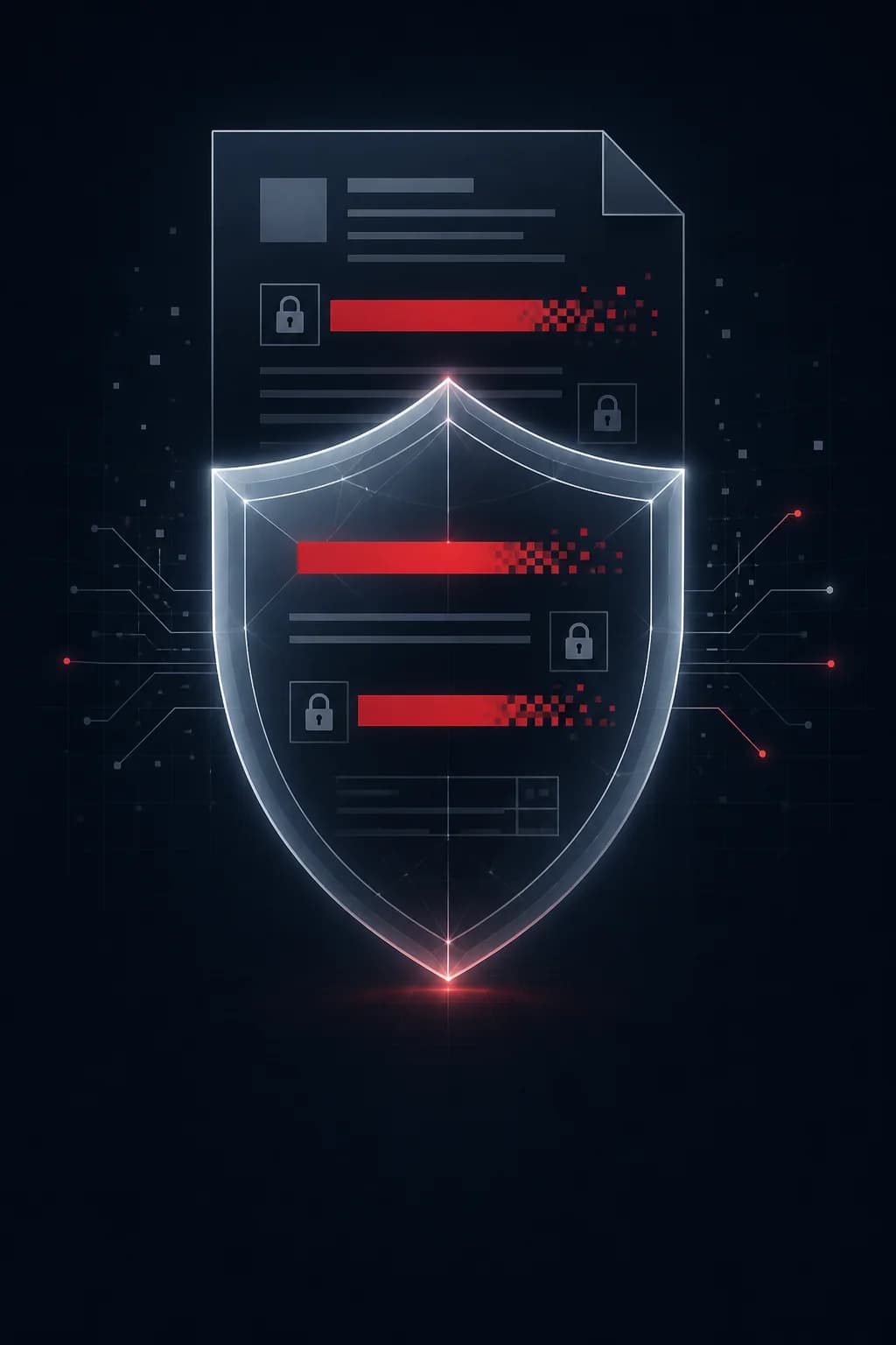 A shield in front of an invoice with its sensitive fields redacted