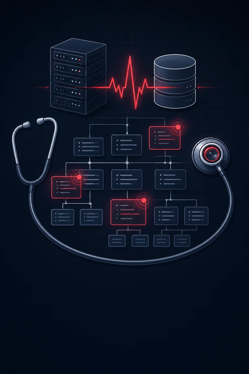 An ERP mapping diagram under diagnosis with a heartbeat line and stethoscope