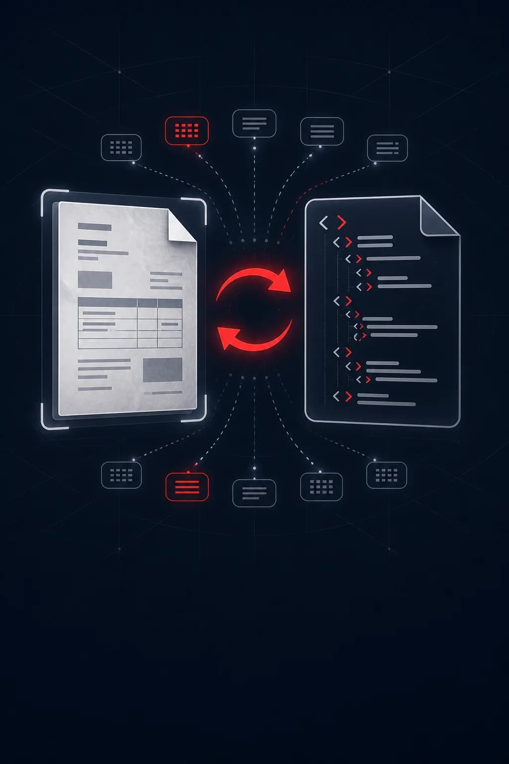 A scanned invoice and a structured XML file linked by conversion arrows