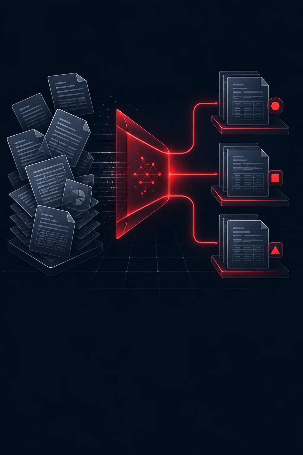 A mixed stack of documents being sorted into labeled type lanes by an AI classification engine