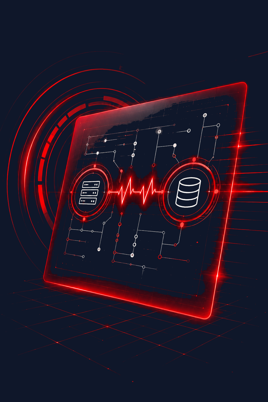 An ERP mapping diagram under diagnosis with a heartbeat line between a server and a database
